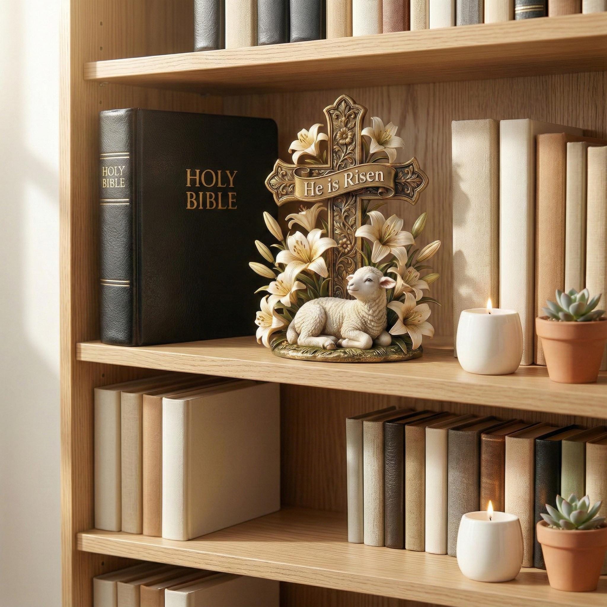 He Is Risen Easter Cross Statue with Lamb & Lily flat 2D Wooden Block, Resurrection Scene Christian Figurine, Easter Home Decor,Pastor Gift.