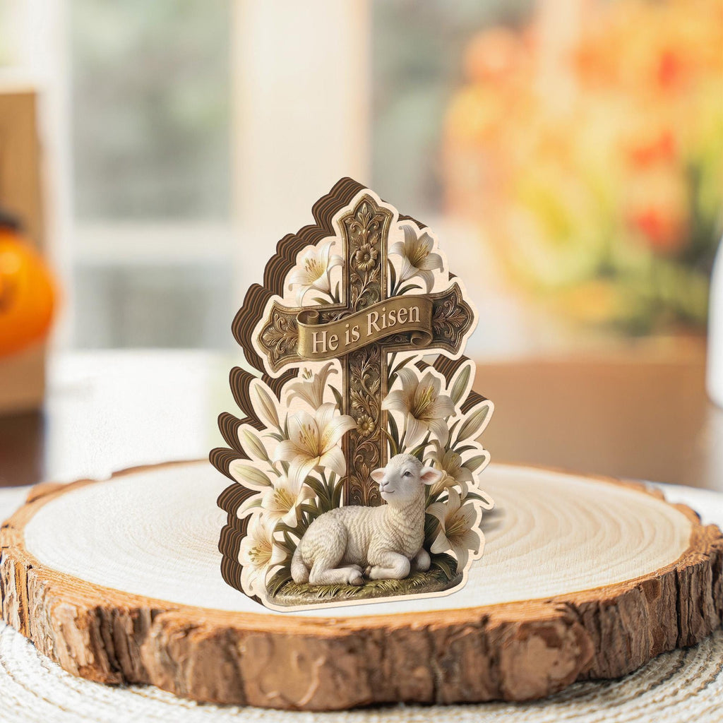 He Is Risen Easter Cross Statue with Lamb & Lily flat 2D Wooden Block, Resurrection Scene Christian Figurine, Easter Home Decor,Pastor Gift.