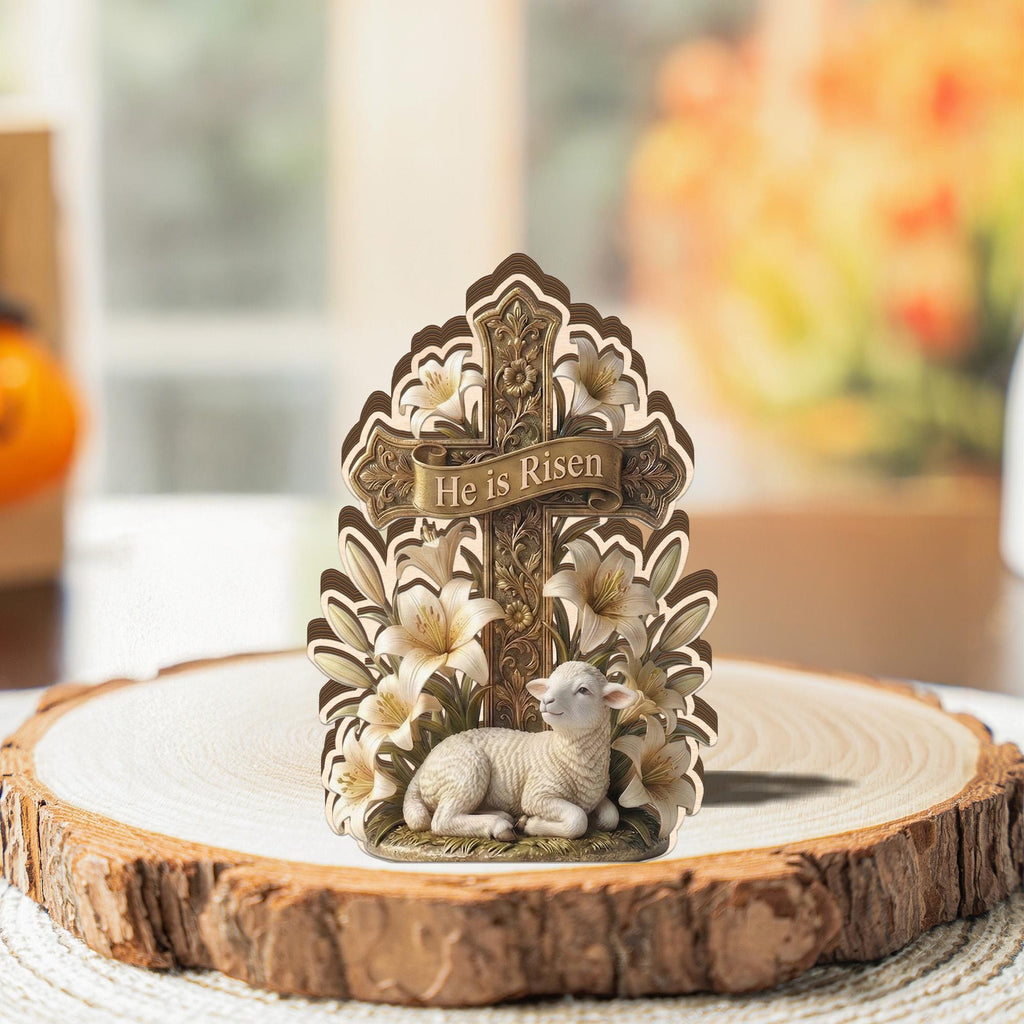 He Is Risen Easter Cross Statue with Lamb & Lily flat 2D Wooden Block, Resurrection Scene Christian Figurine, Easter Home Decor,Pastor Gift.