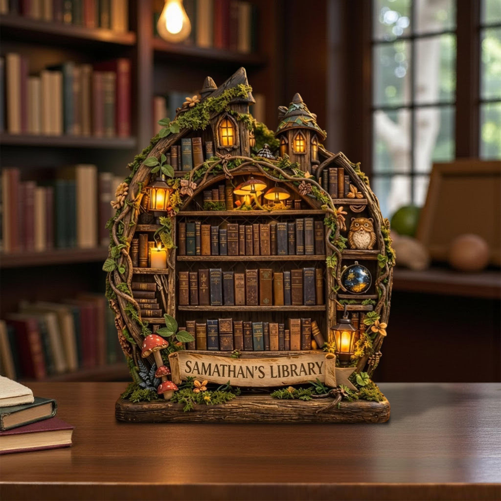 Personalized Fantasy Library Wooden Block, Book Lover Shelf Decor, Bookshelf Decor,Library Book Nook, Custom Reader Gift