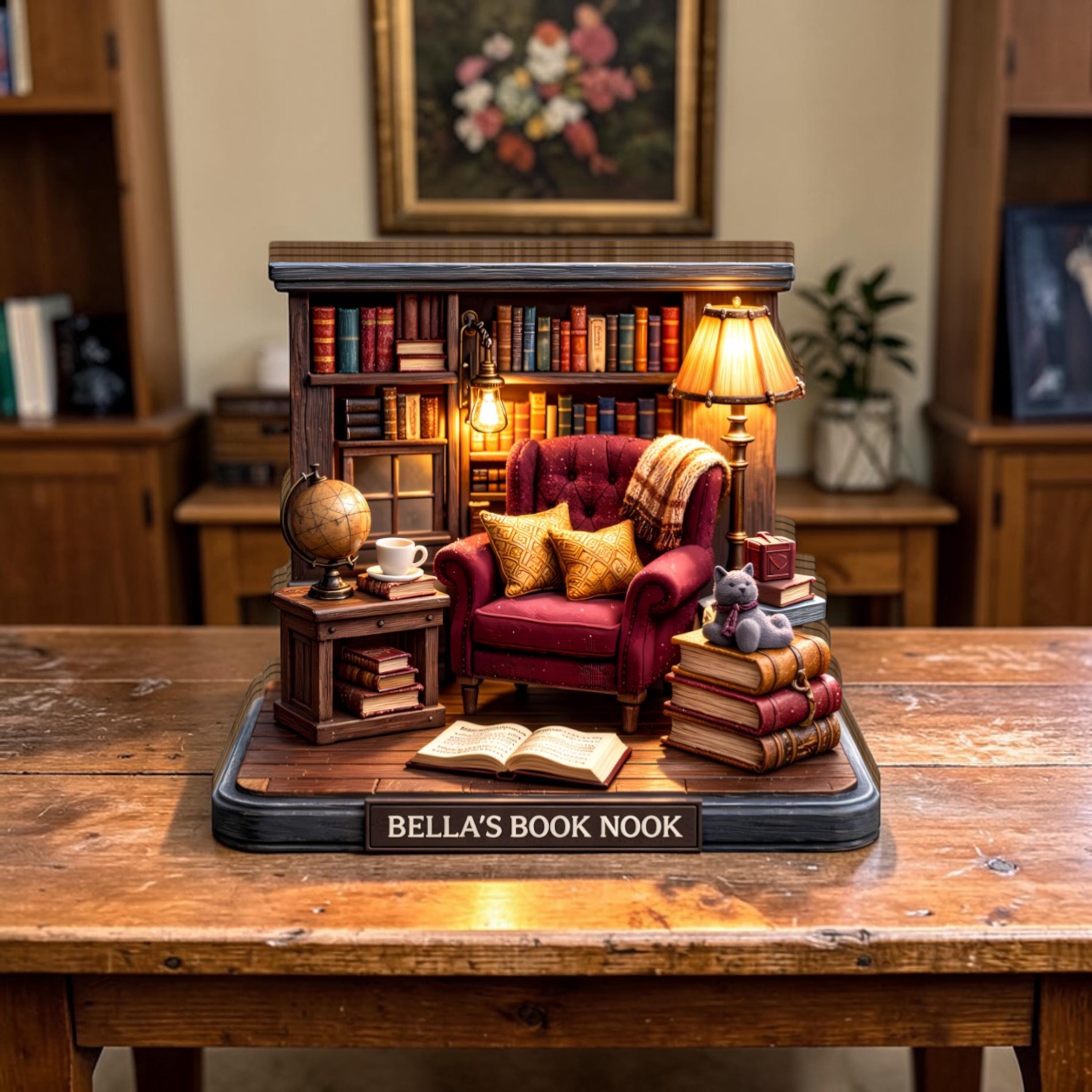 Personalized Book Nook Wooden Block, Bookshelf Decor, Cozy Library Miniature, Custom Reading Nook Decor, Book Lover Gift
