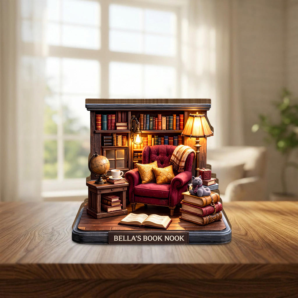 Personalized Book Nook Wooden Block, Bookshelf Decor, Cozy Library Miniature, Custom Reading Nook Decor, Book Lover Gift