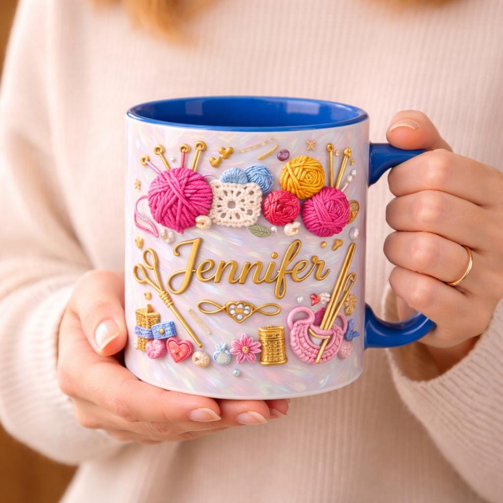 Personalized Yarn Lover Mug Custom Name Crochet Coffee Cup Knitting Gift Handmade Crafter Mug Knitter Gift Cute Crochet Mug