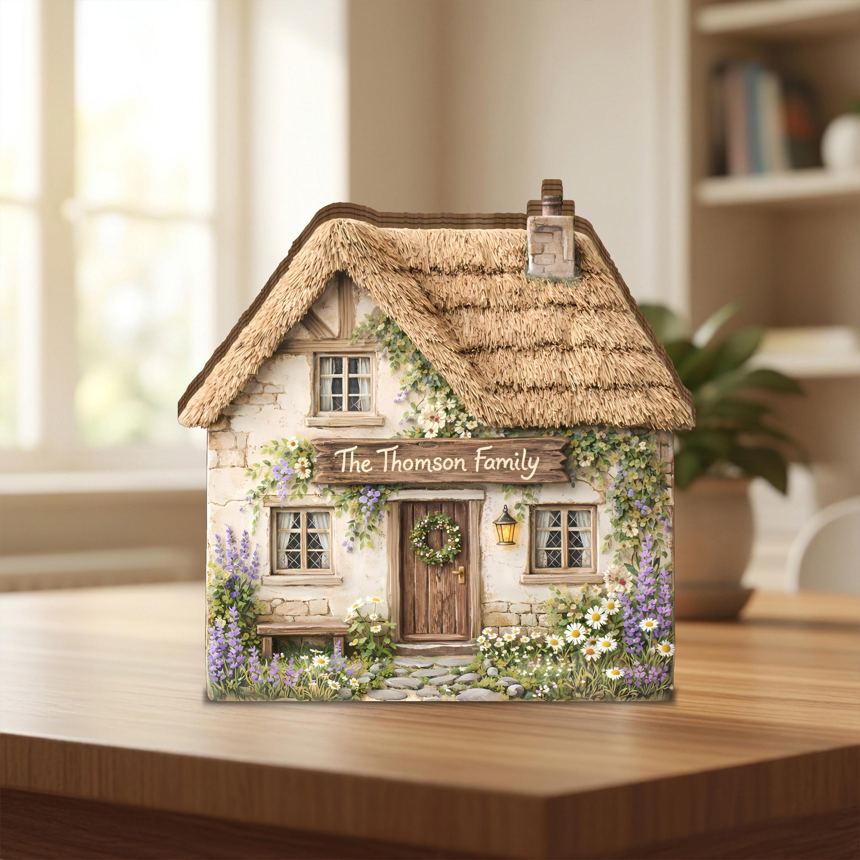 Personalized Cottage House 2D FLAT Wooden Block, Custom Family Name House Decor, Rustic Cottage Shelf Decor, New Home Gift, Farmhouse Sign