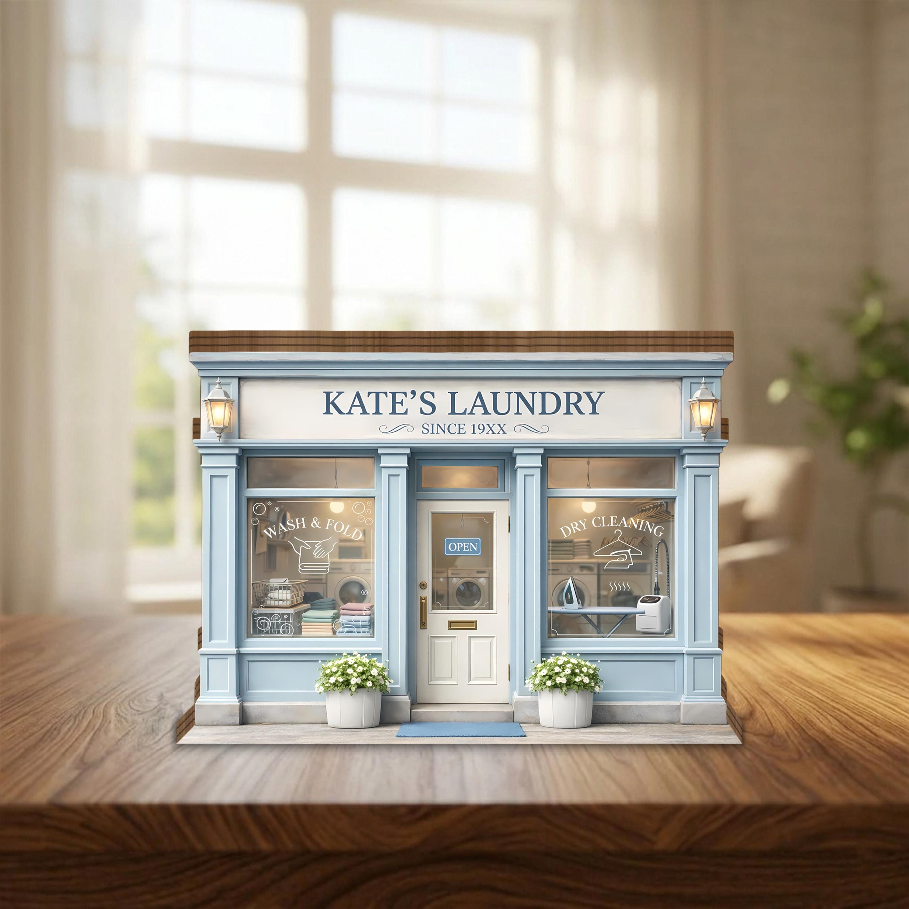 Personalized Laundry Shop Wooden Block, Custom Laundromat Decor, Storefront Display, Laundry Room Gift