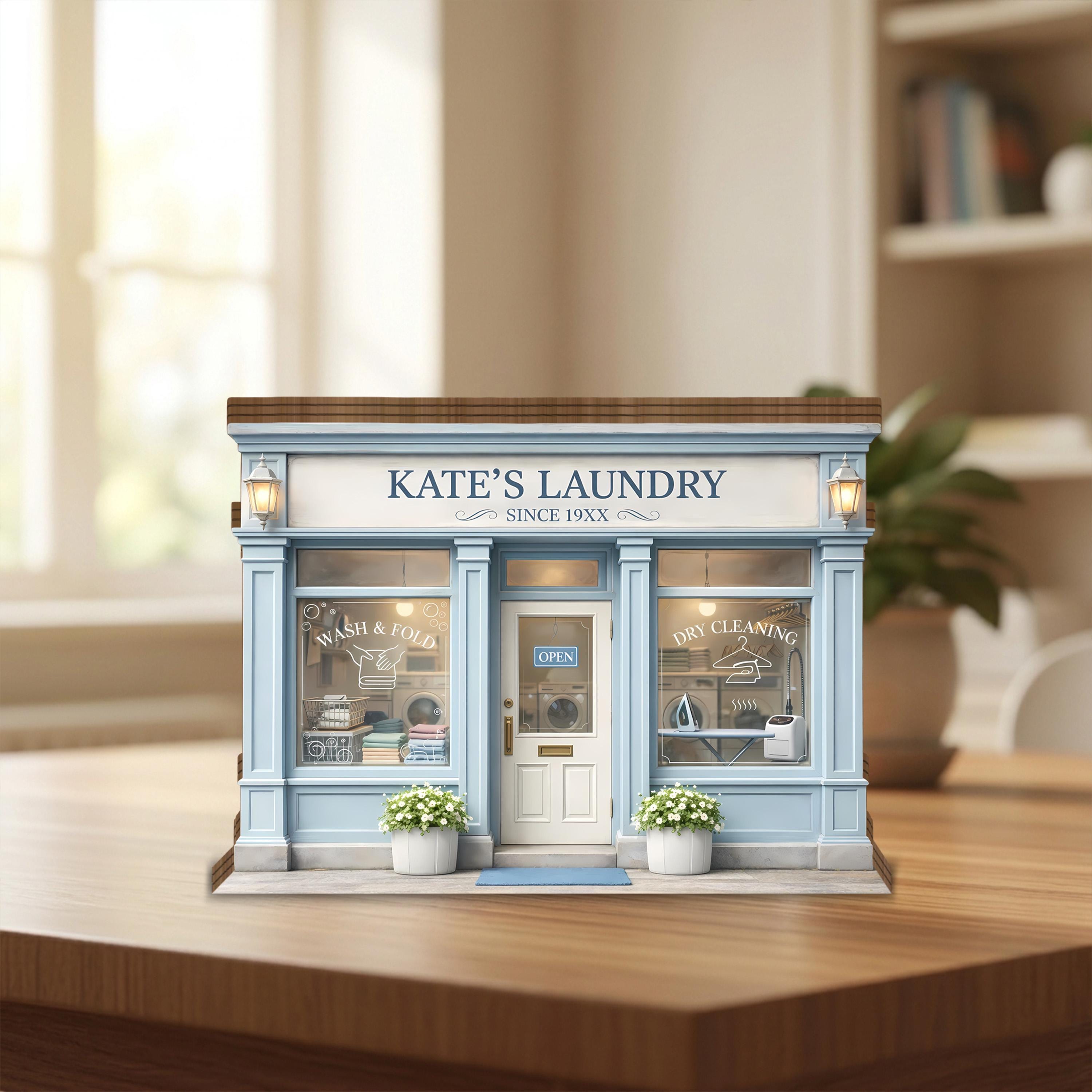 Personalized Laundry Shop Wooden Block, Custom Laundromat Decor, Storefront Display, Laundry Room Gift