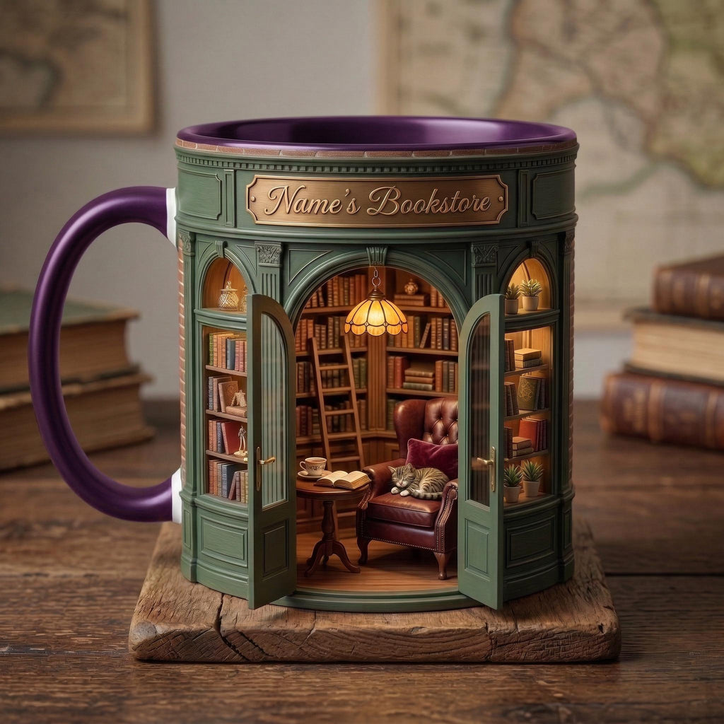 Personalized Owner Book Store Mug, Faux 3D Effect Accent Mug, Book Lover Gift