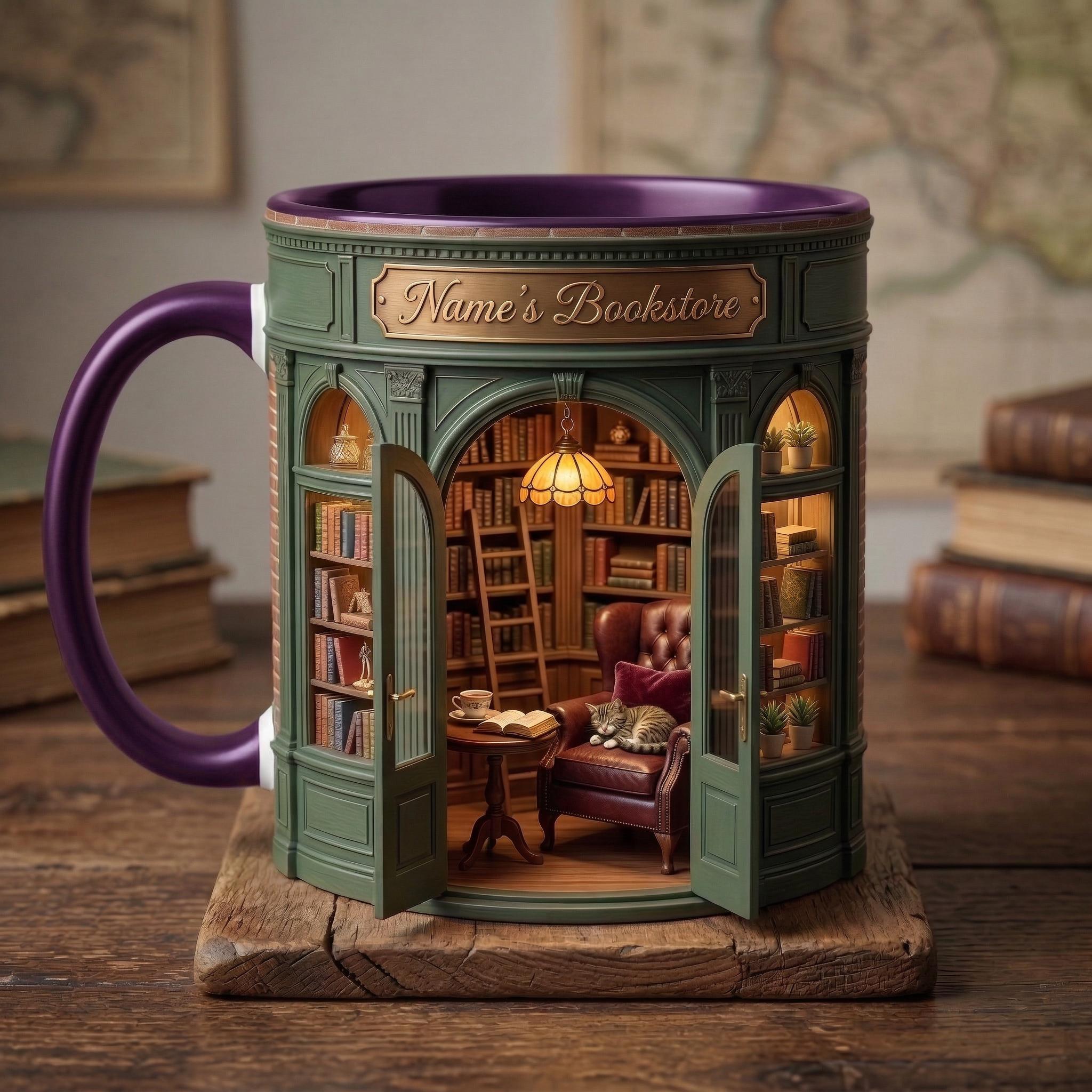 Personalized Owner Book Store Mug, Faux 3D Effect Accent Mug, Book Lover Gift