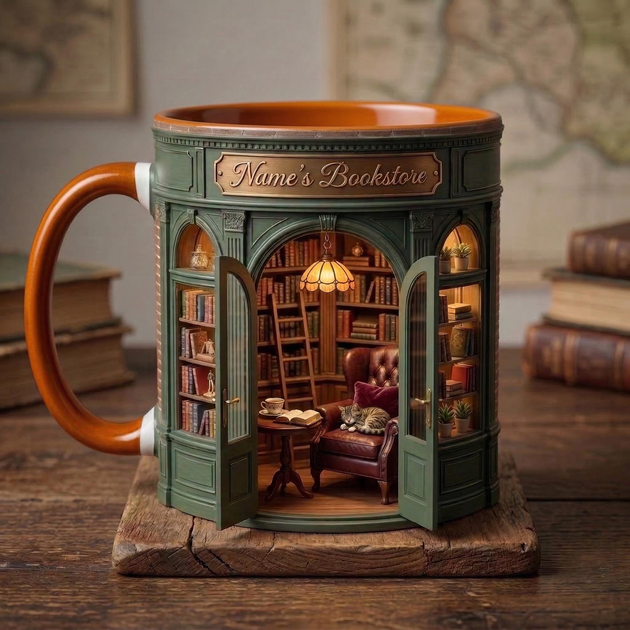 Personalized Owner Book Store Mug, Faux 3D Effect Accent Mug, Book Lover Gift