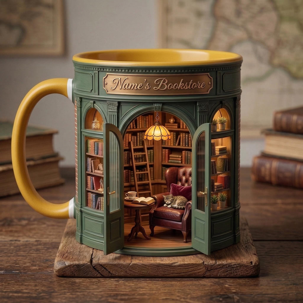 Personalized Owner Book Store Mug, Faux 3D Effect Accent Mug, Book Lover Gift