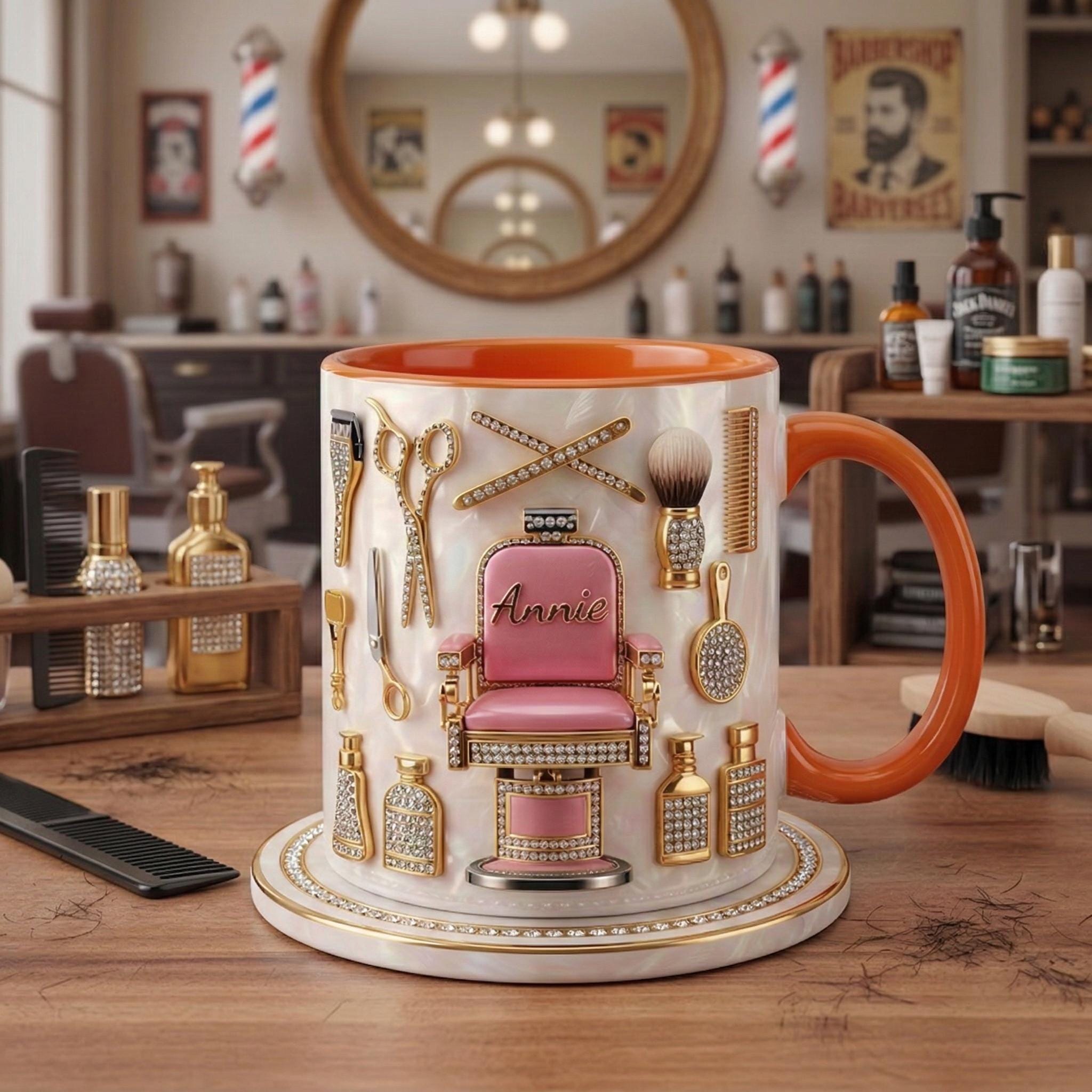 Custom Name Hairstylist Mug 3D, Faux 3D Barber Chair Accent Drinkware