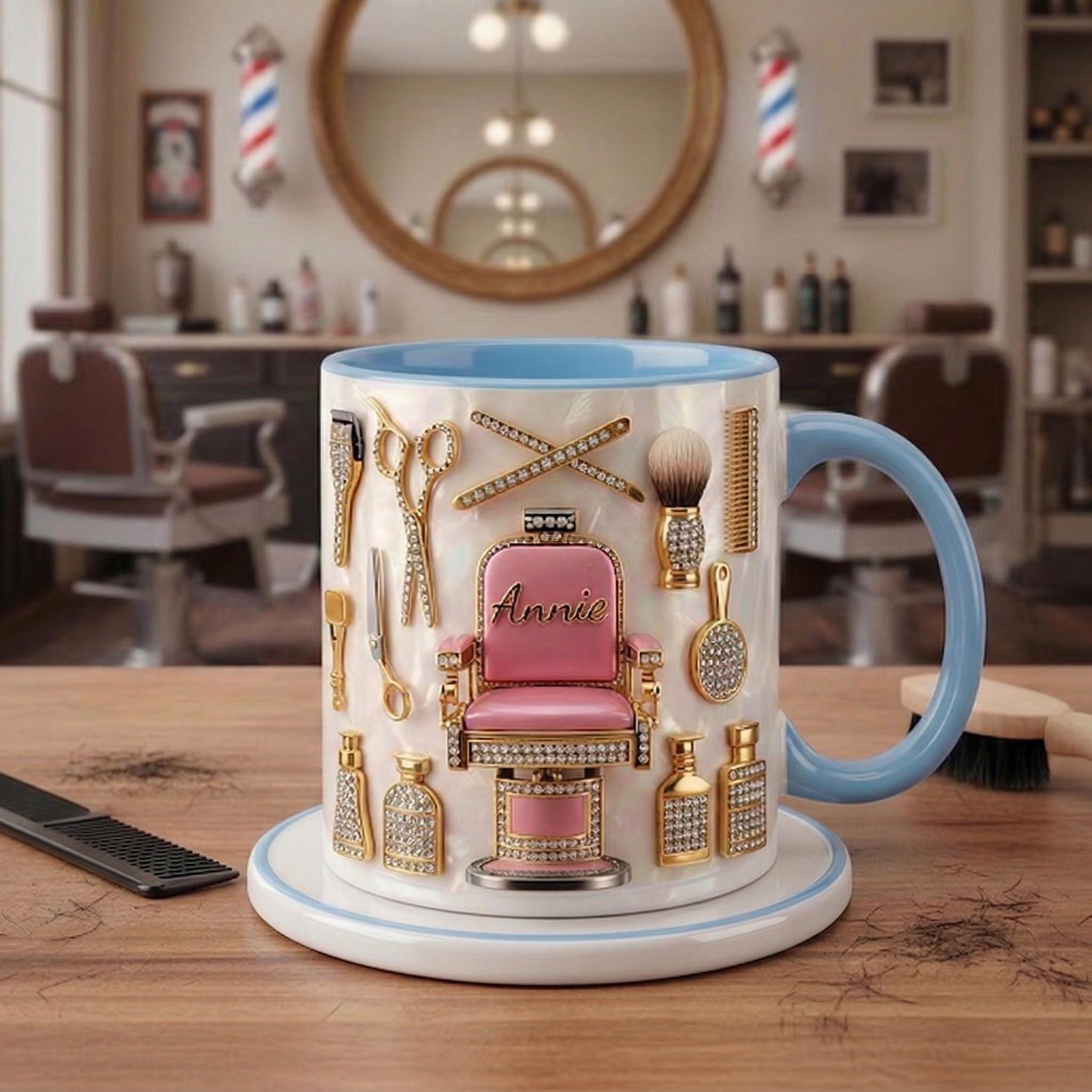 Custom Name Hairstylist Mug 3D, Faux 3D Barber Chair Accent Drinkware