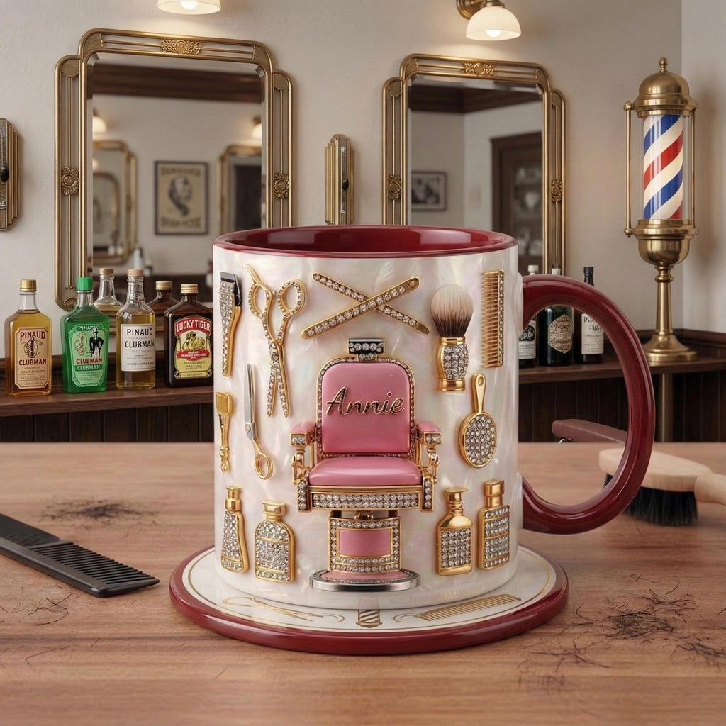 Custom Name Hairstylist Mug 3D, Faux 3D Barber Chair Accent Drinkware