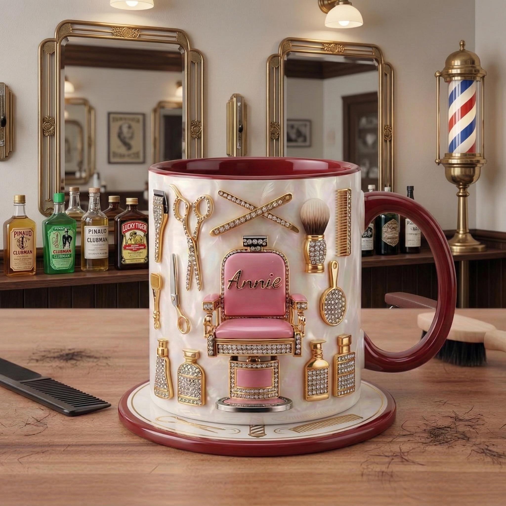 Custom Name Hairstylist Mug 3D, Faux 3D Barber Chair Accent Drinkware