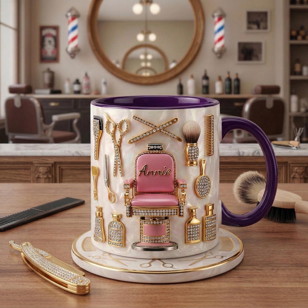 Custom Name Hairstylist Mug 3D, Faux 3D Barber Chair Accent Drinkware