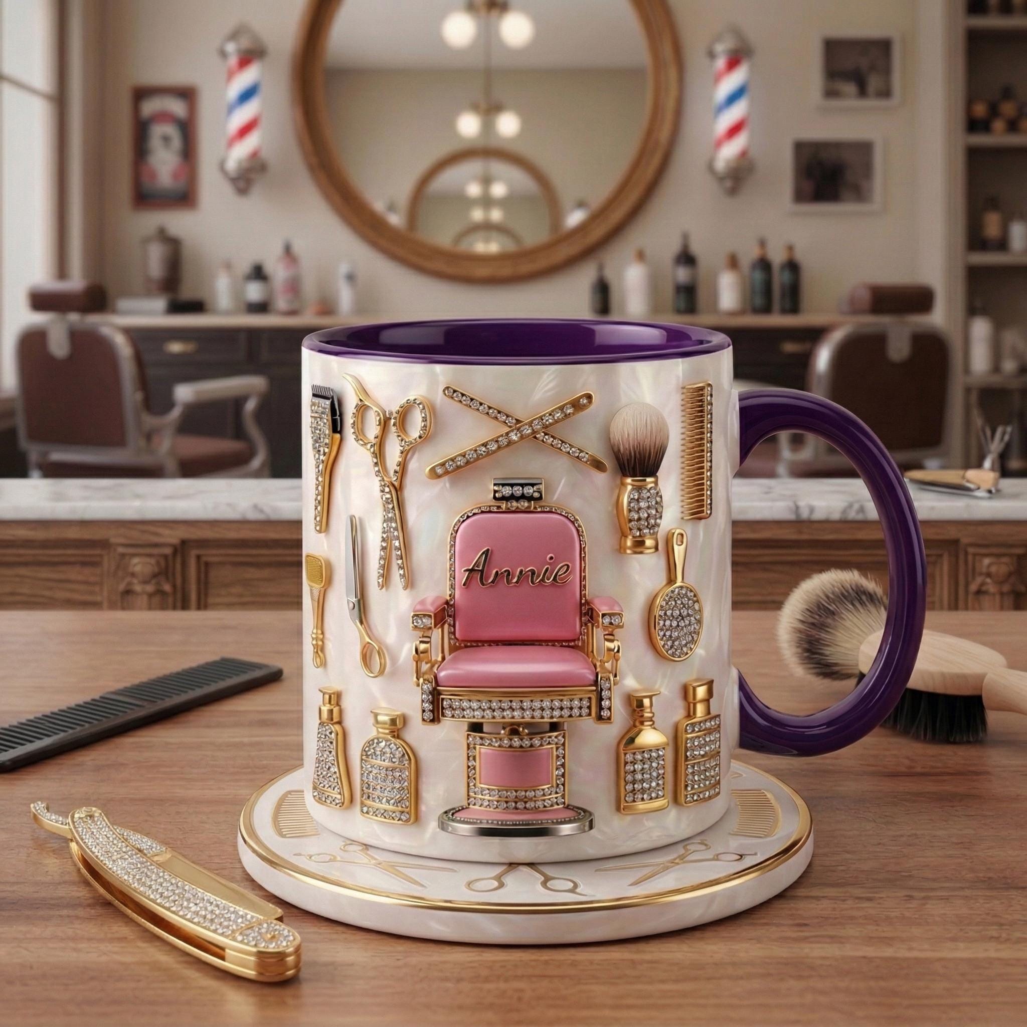 Custom Name Hairstylist Mug 3D, Faux 3D Barber Chair Accent Drinkware