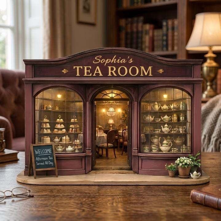 Tea Room Wooden Block Decor, Tea Room Decor, Vintage Tea Shop Miniature, Cozy Afternoon Tea Decor, Cottagecore Tea House, Elegant Home Decor