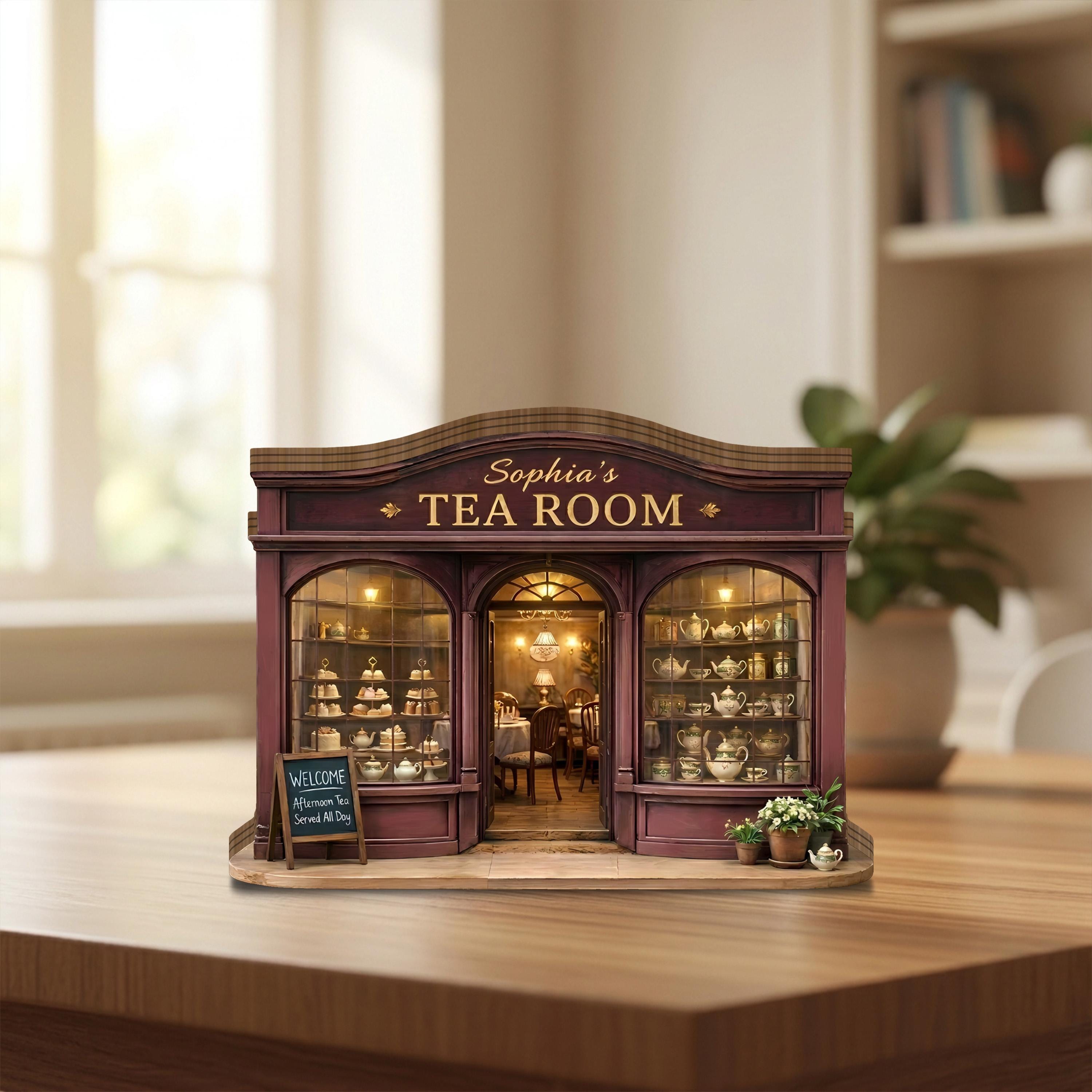 Tea Room Wooden Block Decor, Tea Room Decor, Vintage Tea Shop Miniature, Cozy Afternoon Tea Decor, Cottagecore Tea House, Elegant Home Decor
