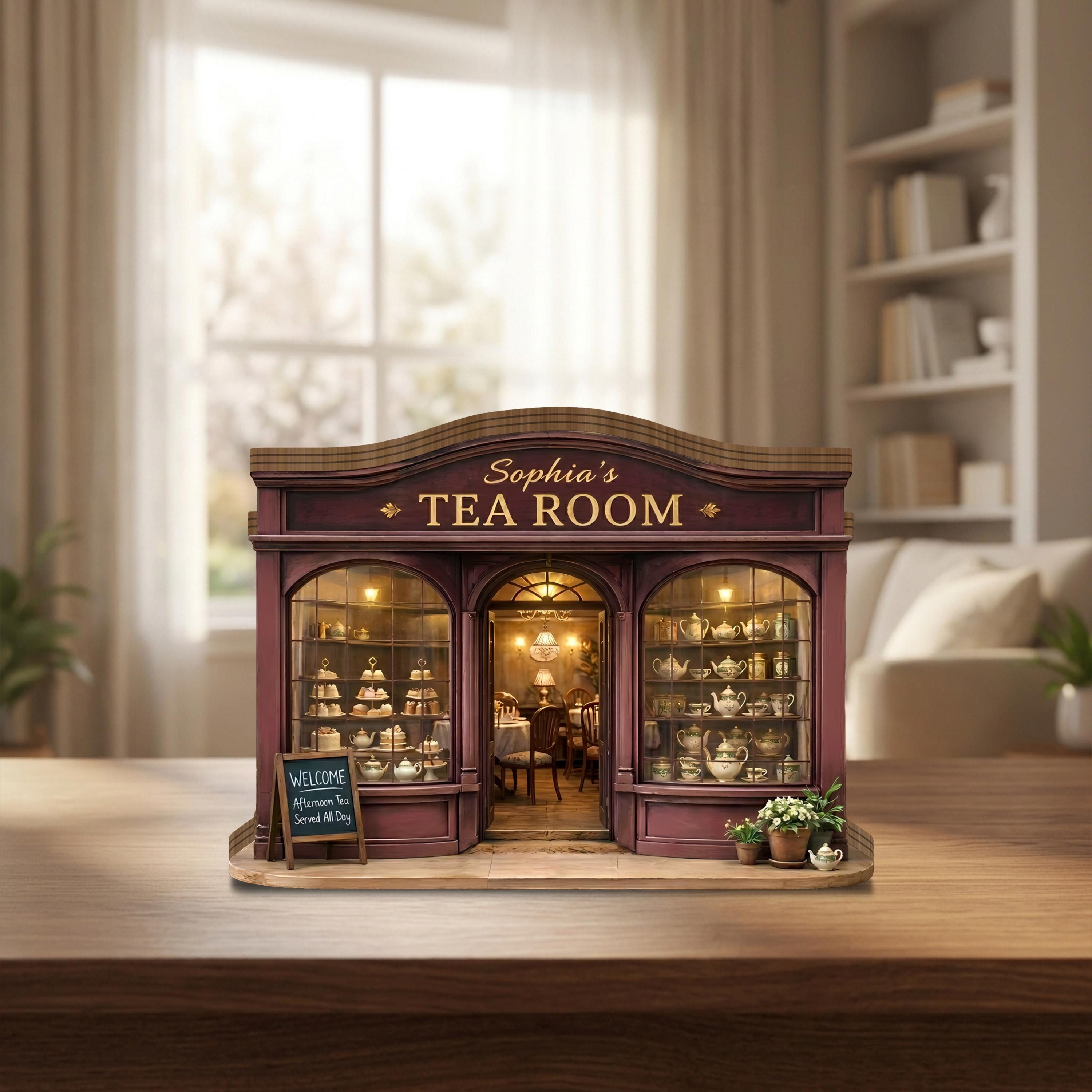 Tea Room Wooden Block Decor, Tea Room Decor, Vintage Tea Shop Miniature, Cozy Afternoon Tea Decor, Cottagecore Tea House, Elegant Home Decor