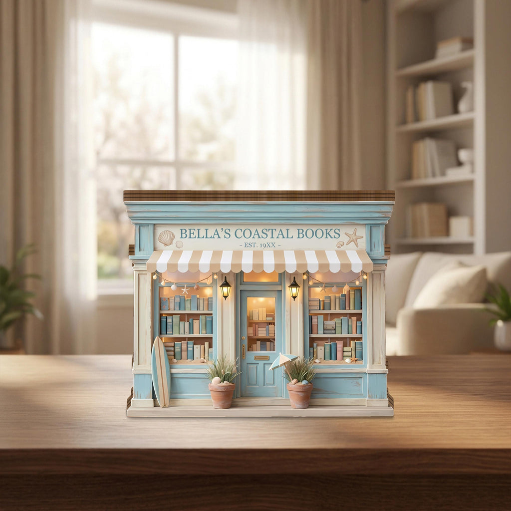 Personalized Coastal Bookshop Wooden Block, Bookshelf Decor, Beach House Book Lover Gift, Coastal Books Decor, Miniature Shop