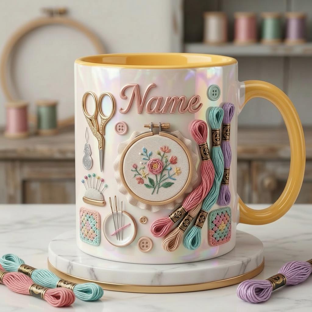 Embroidery Themed Coffee Mug, Custom Name Craft Gift, 3D Embroidery Design