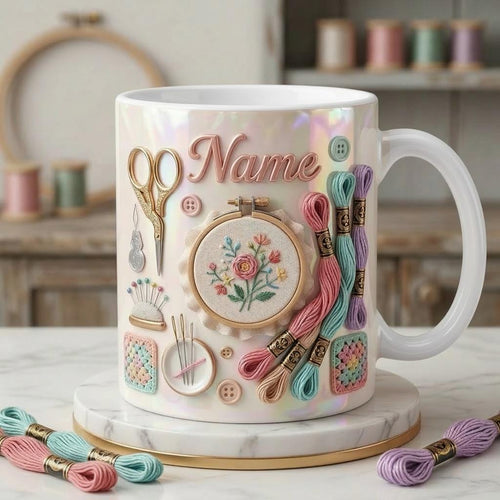 Embroidery Themed Coffee Mug, Custom Name Craft Gift, 3D Embroidery Design