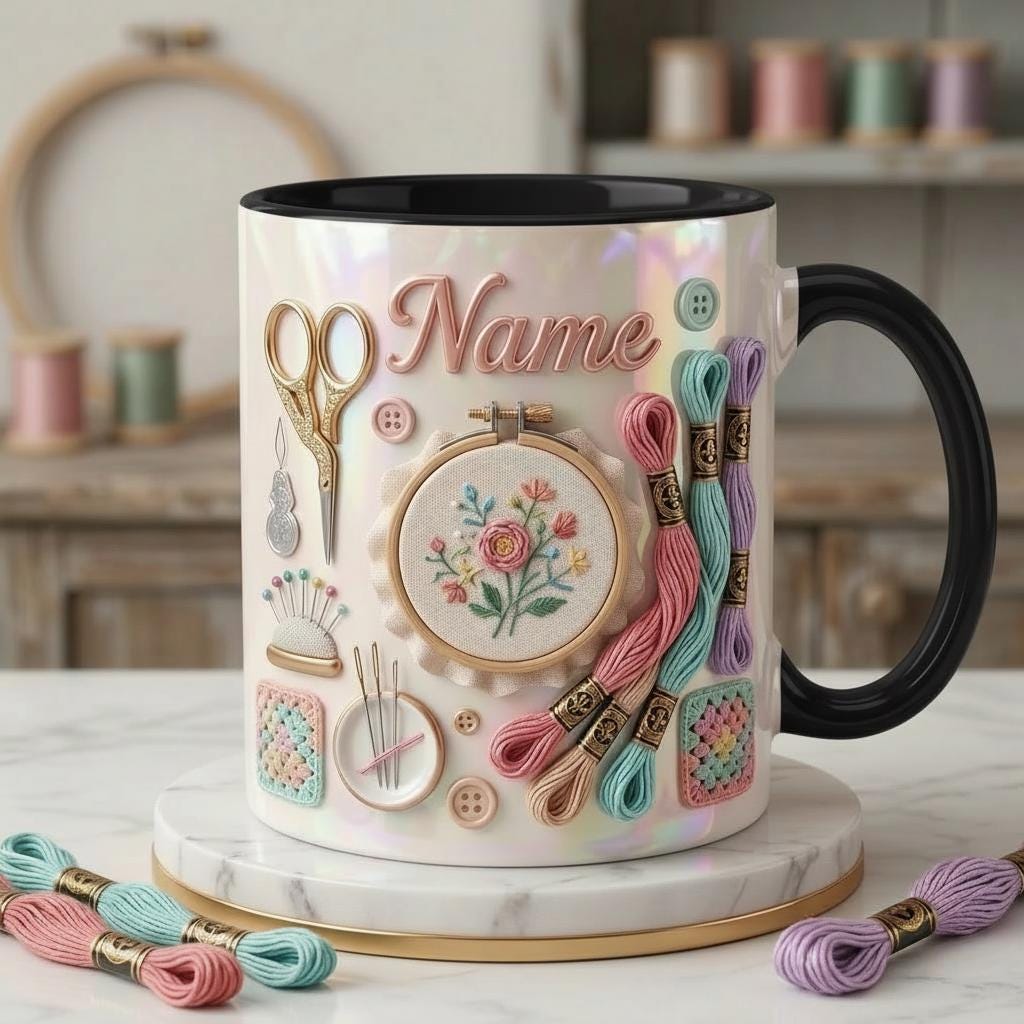 Embroidery Themed Coffee Mug, Custom Name Craft Gift, 3D Embroidery Design