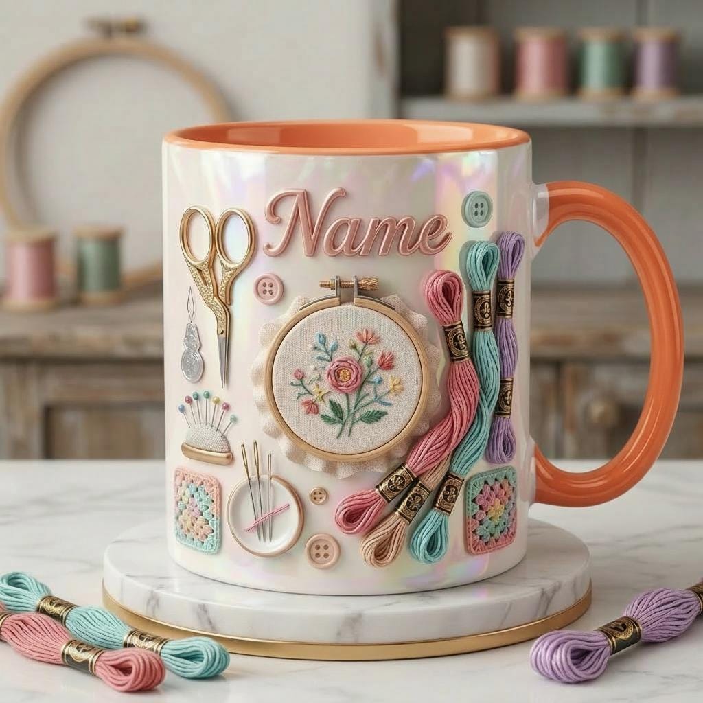 Embroidery Themed Coffee Mug, Custom Name Craft Gift, 3D Embroidery Design