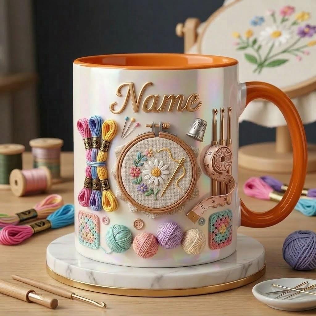 Embroidery Accent Mug, Craft Lover Coffee Cup, Personalized Stitch Gift