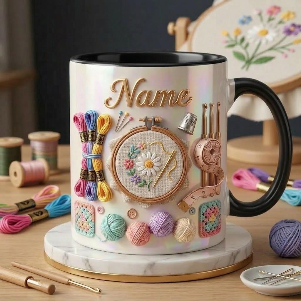 Embroidery Accent Mug, Craft Lover Coffee Cup, Personalized Stitch Gift