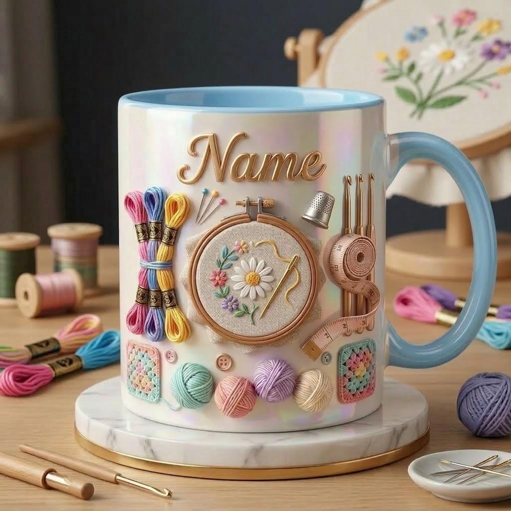 Embroidery Accent Mug, Craft Lover Coffee Cup, Personalized Stitch Gift