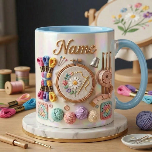 Embroidery Accent Mug, Craft Lover Coffee Cup, Personalized Stitch Gift