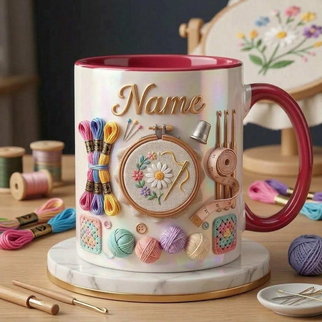 Embroidery Accent Mug, Craft Lover Coffee Cup, Personalized Stitch Gift