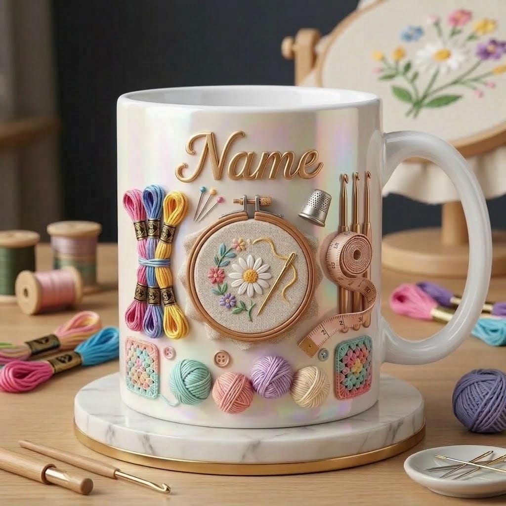 Embroidery Accent Mug, Craft Lover Coffee Cup, Personalized Stitch Gift