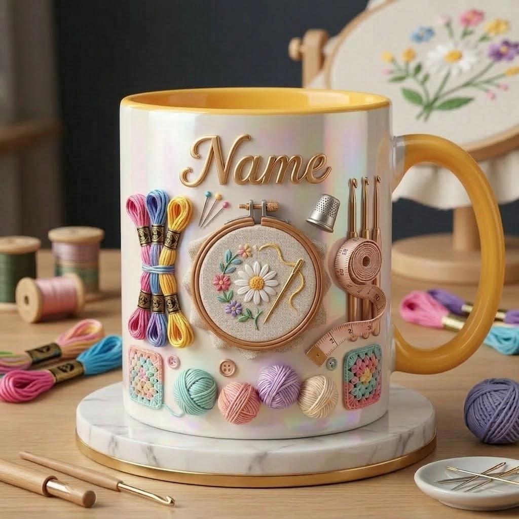 Embroidery Accent Mug, Craft Lover Coffee Cup, Personalized Stitch Gift