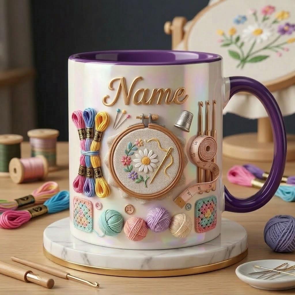 Embroidery Accent Mug, Craft Lover Coffee Cup, Personalized Stitch Gift