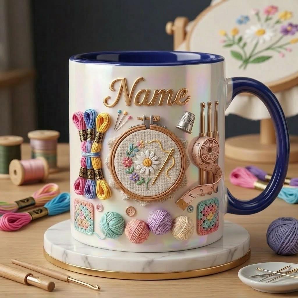 Embroidery Accent Mug, Craft Lover Coffee Cup, Personalized Stitch Gift