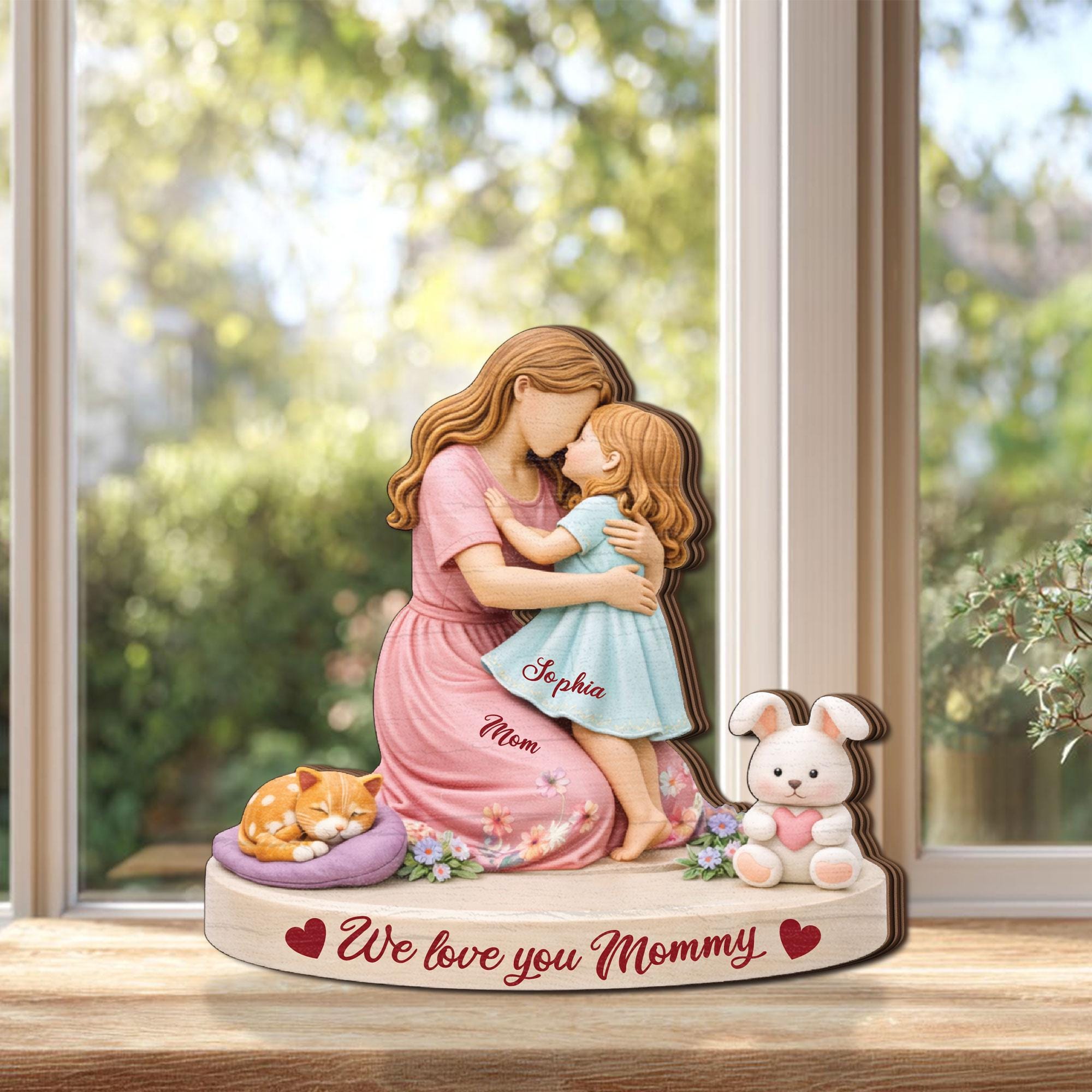 Personalized Mom Wooden Block, Mother & Daughter Hug Gift, Custom Name Keepsake, We Love You Mommy Decor, Mother’s Day Gift for Mom
