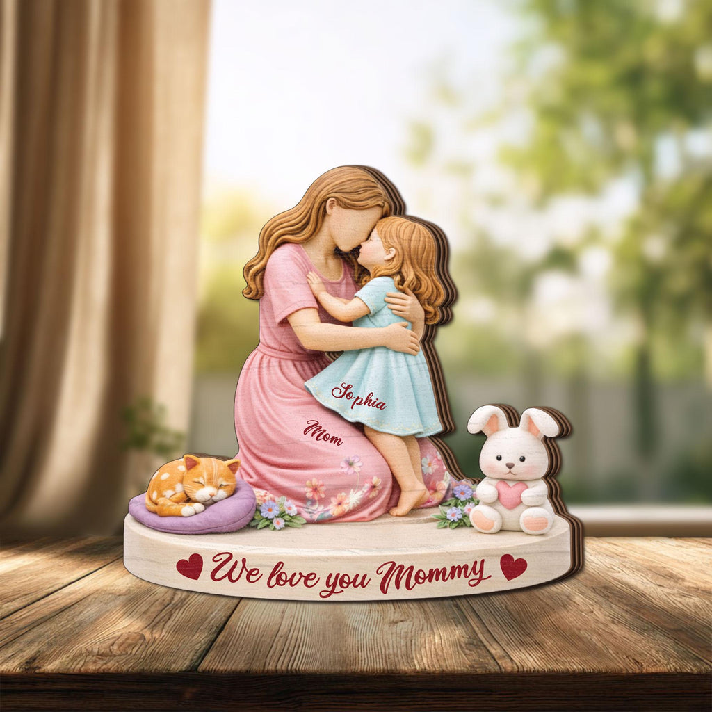 Personalized Mom Wooden Block, Mother & Daughter Hug Gift, Custom Name Keepsake, We Love You Mommy Decor, Mother’s Day Gift for Mom