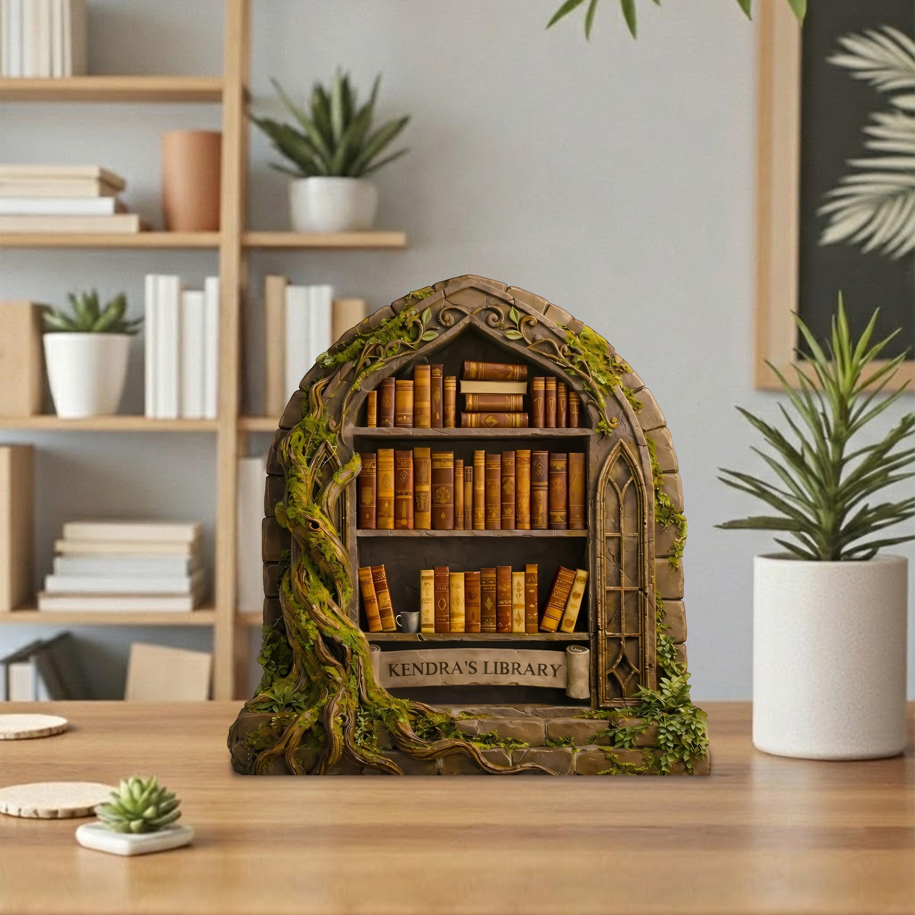 Personalized Fantasy Library Wooden Block, Enchanted Bookshelf Decor, Miniature Stone Arch Library Display, Custom Book Lover Gift