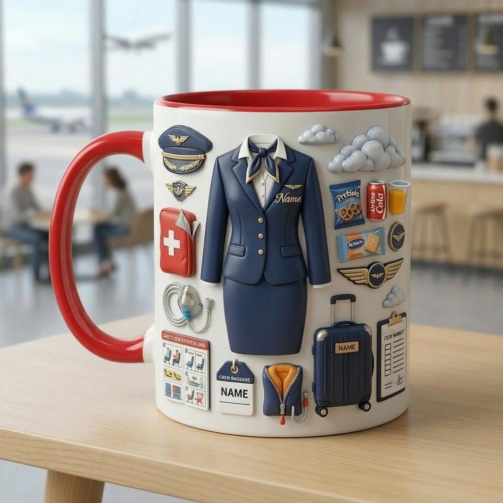 Flight Attendant 3D Mug, Cabin Crew Coffee Cup, Custom Name Airline Gift