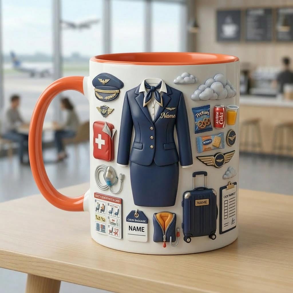 Flight Attendant 3D Mug, Cabin Crew Coffee Cup, Custom Name Airline Gift