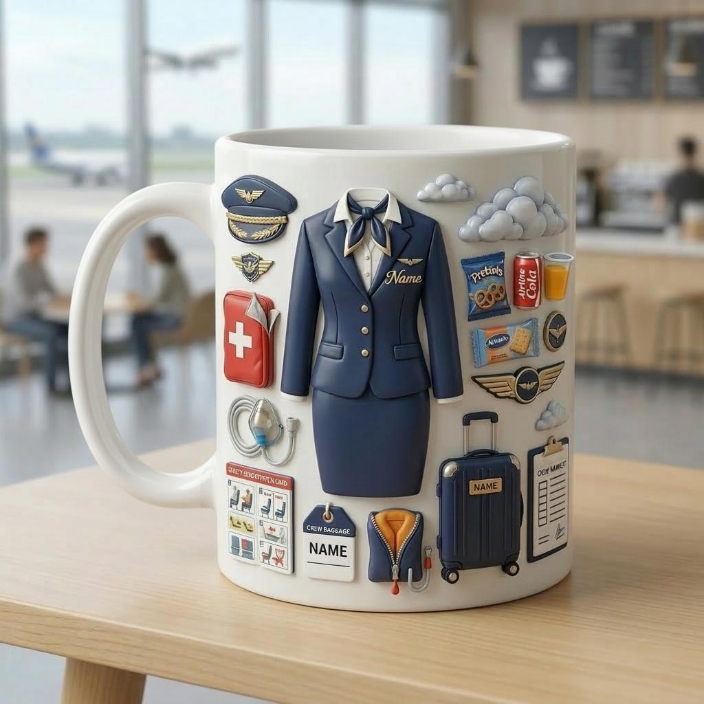 Flight Attendant 3D Mug, Cabin Crew Coffee Cup, Custom Name Airline Gift