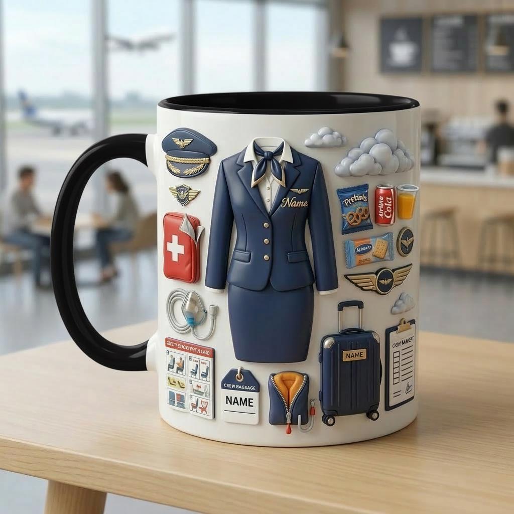 Flight Attendant 3D Mug, Cabin Crew Coffee Cup, Custom Name Airline Gift