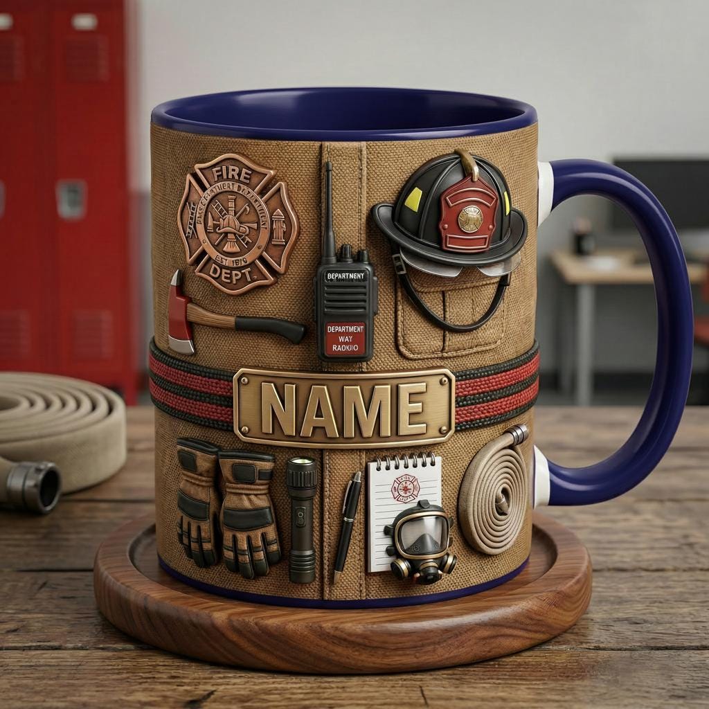 Personalized Firefighter Mug 3D, Honor and Courage Design, Custom Firefighter Name Mug, Faux 3D Effect Mug