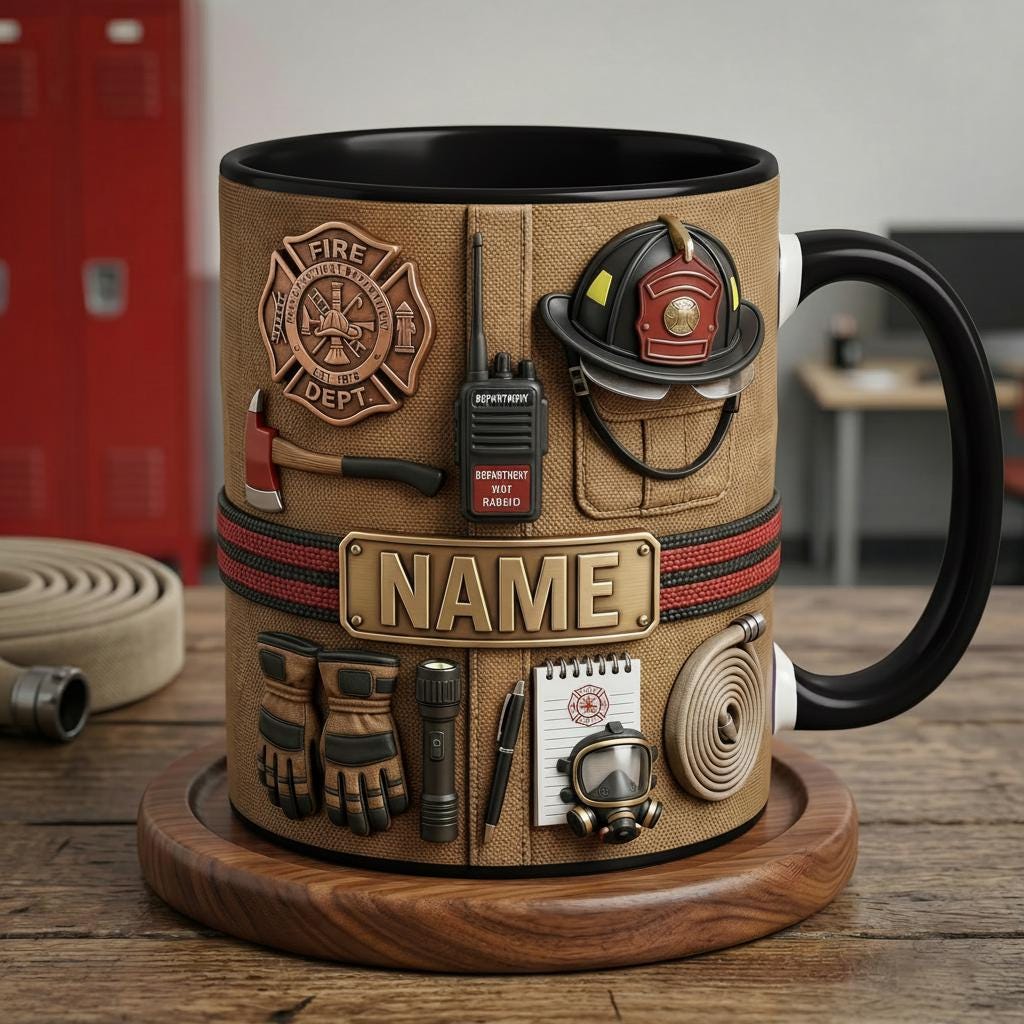 Personalized Firefighter Mug 3D, Honor and Courage Design, Custom Firefighter Name Mug, Faux 3D Effect Mug