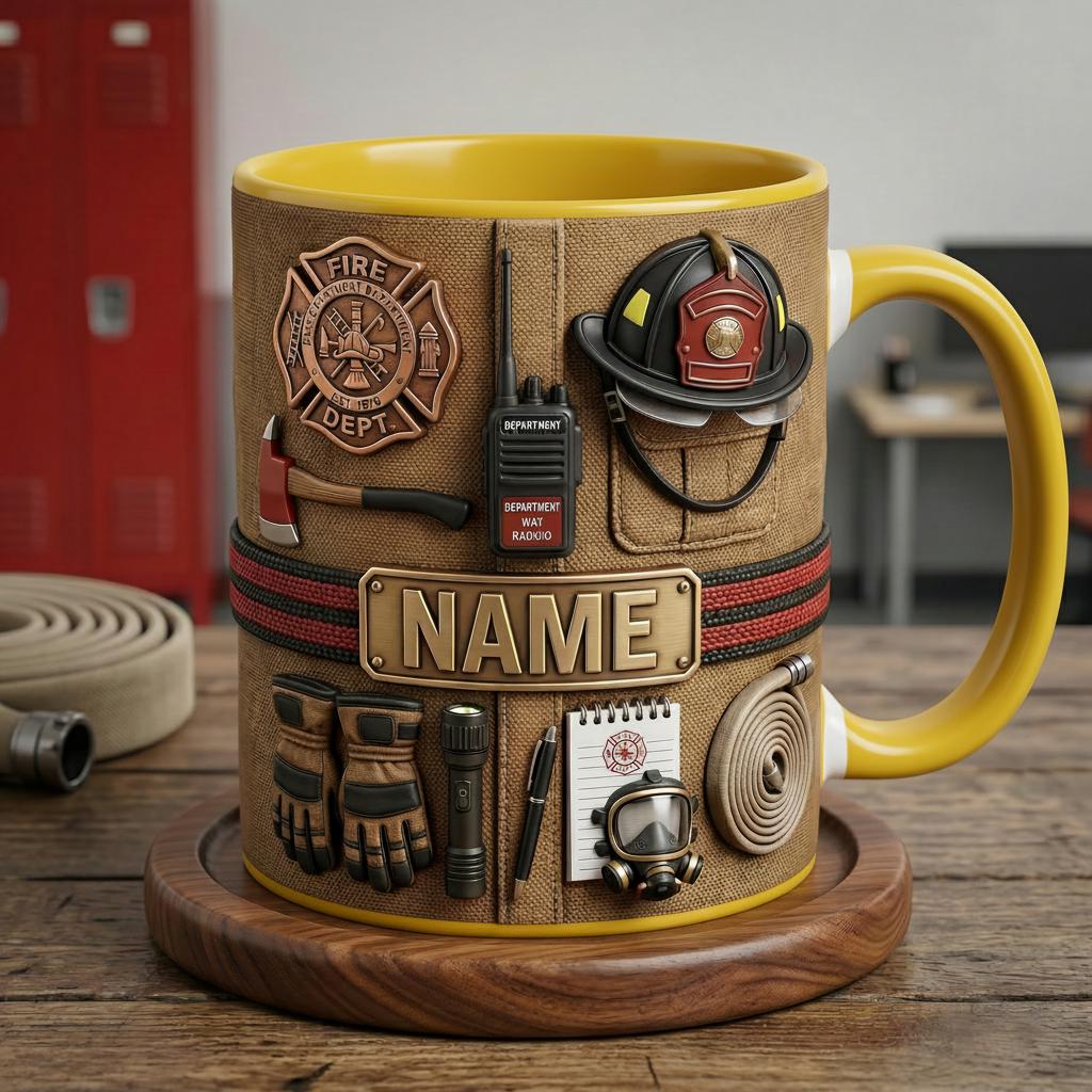 Personalized Firefighter Mug 3D, Honor and Courage Design, Custom Firefighter Name Mug, Faux 3D Effect Mug
