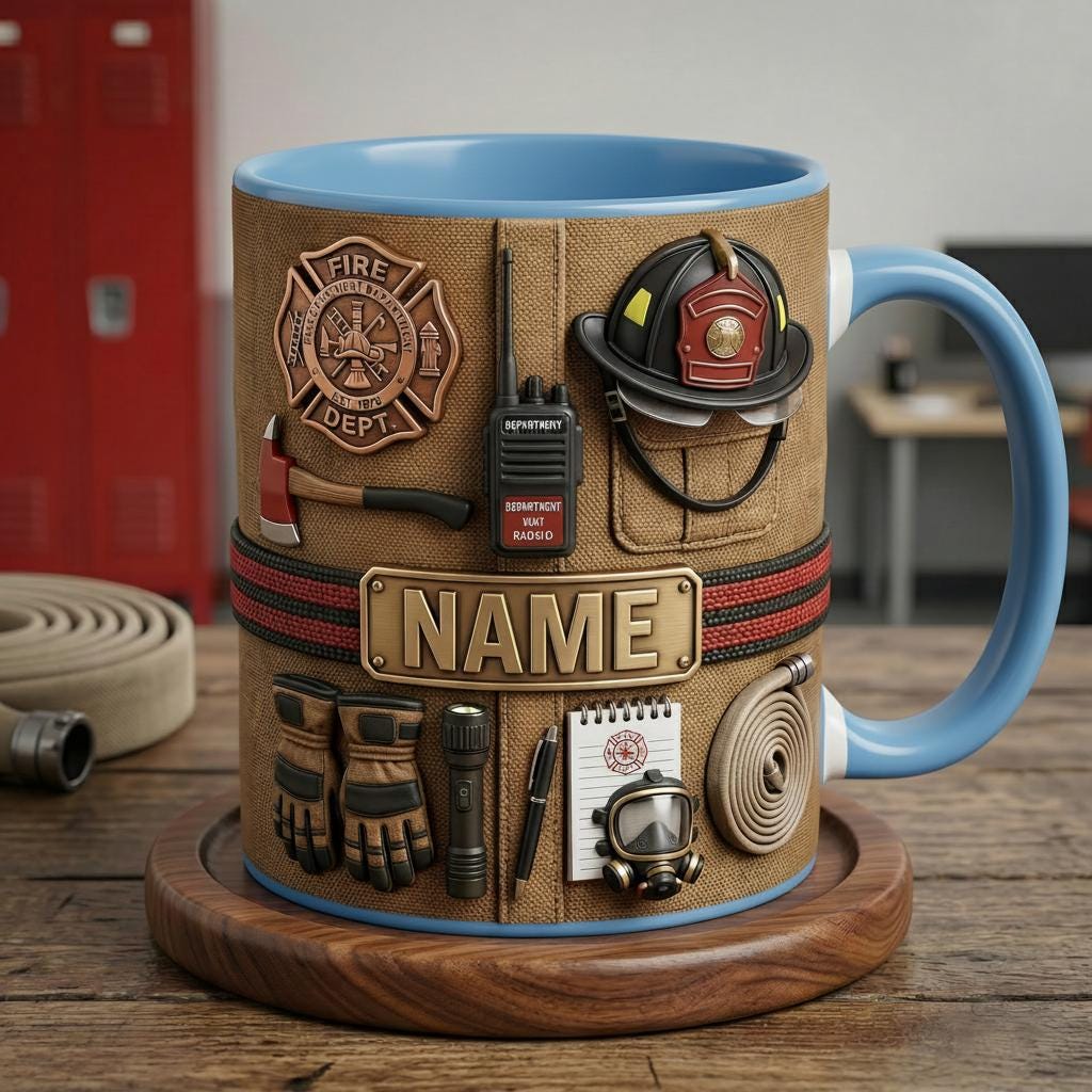 Personalized Firefighter Mug 3D, Honor and Courage Design, Custom Firefighter Name Mug, Faux 3D Effect Mug