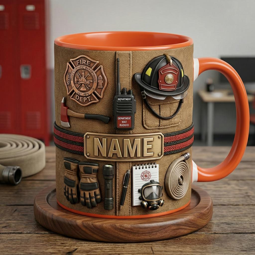 Personalized Firefighter Mug 3D, Honor and Courage Design, Custom Firefighter Name Mug, Faux 3D Effect Mug