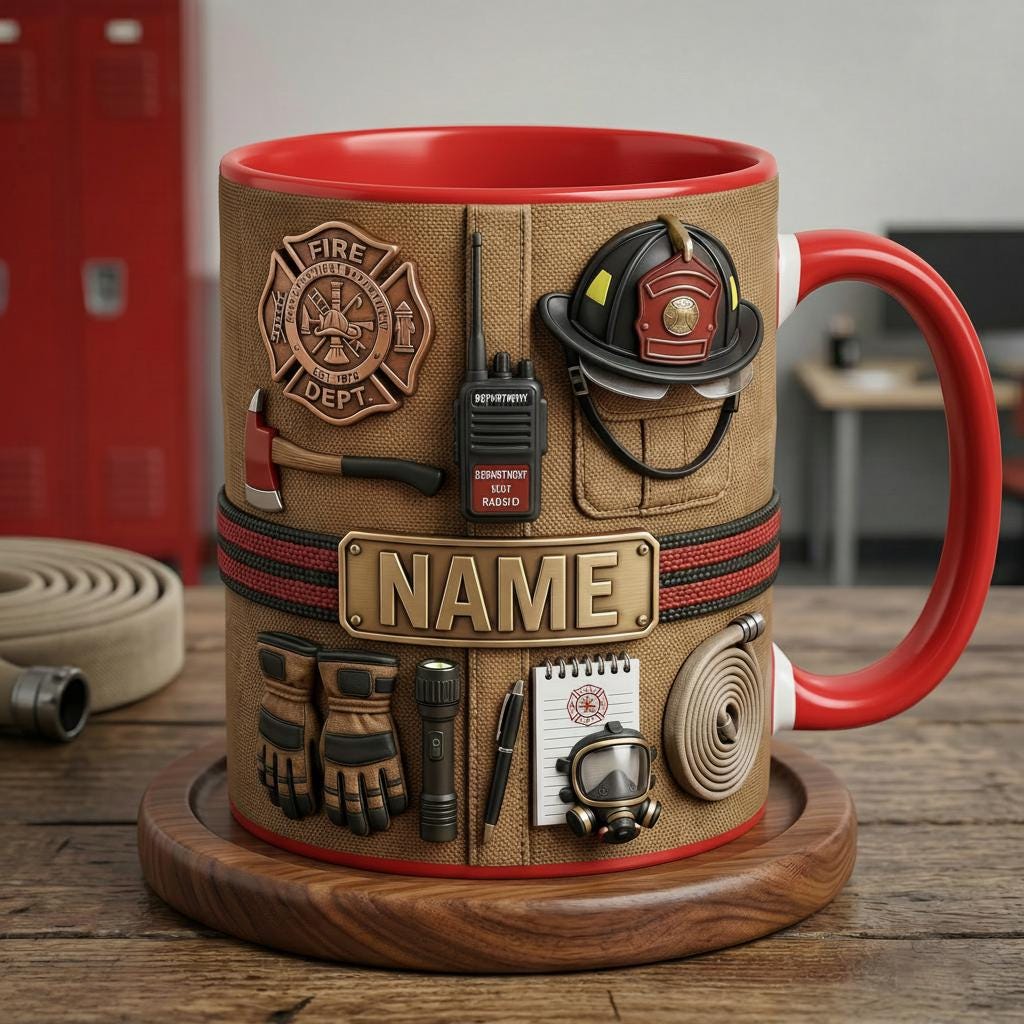 Personalized Firefighter Mug 3D, Honor and Courage Design, Custom Firefighter Name Mug, Faux 3D Effect Mug
